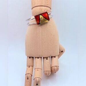 Vintage Dichroic Glass Clamper Bracelet Silvertone Red Orange Gold Colors Size 7